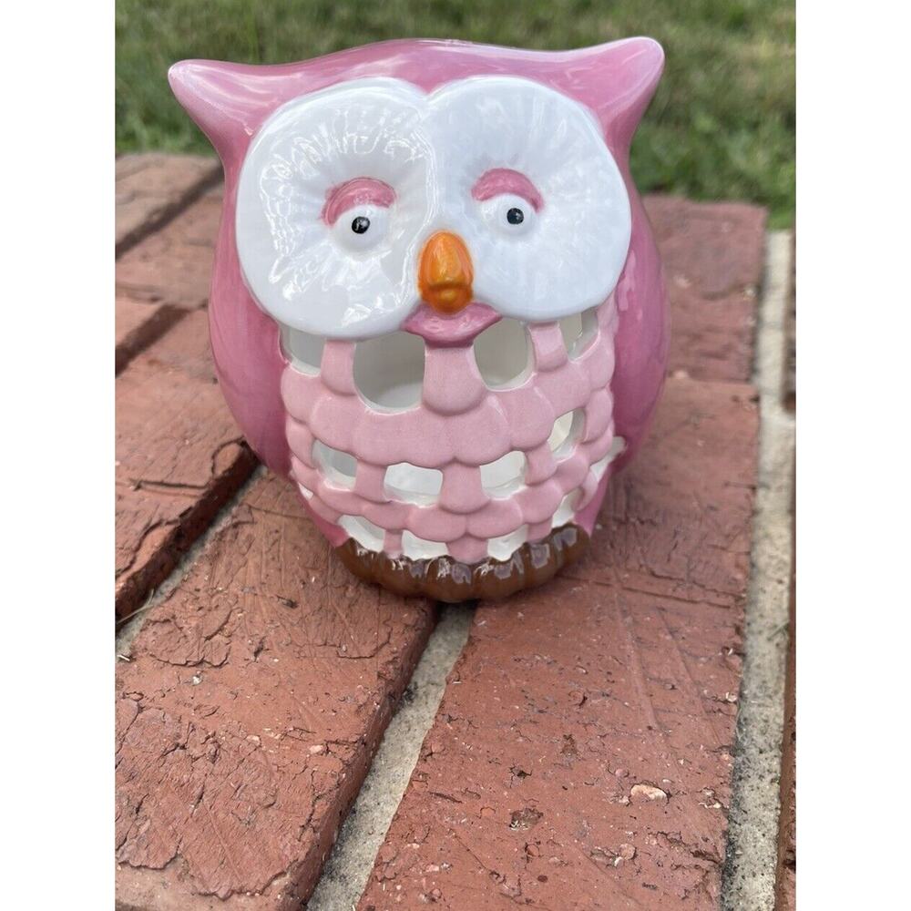 Owl Sponge Holder Pink Hand painted Pottery Bohemian Cottagecore